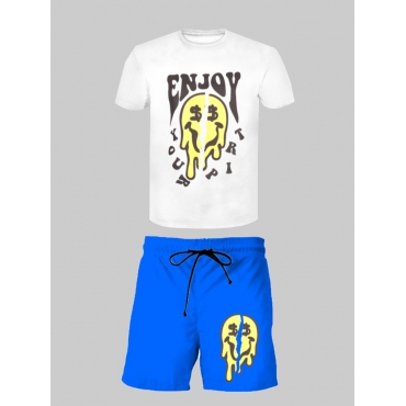 

LW Men Cartoon Letter Print Drawstring Shorts Set, Blue