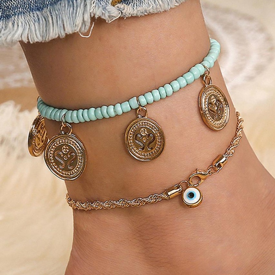 

LW 2-piece Coin Bead Decor Anklet Body Chain, Multi