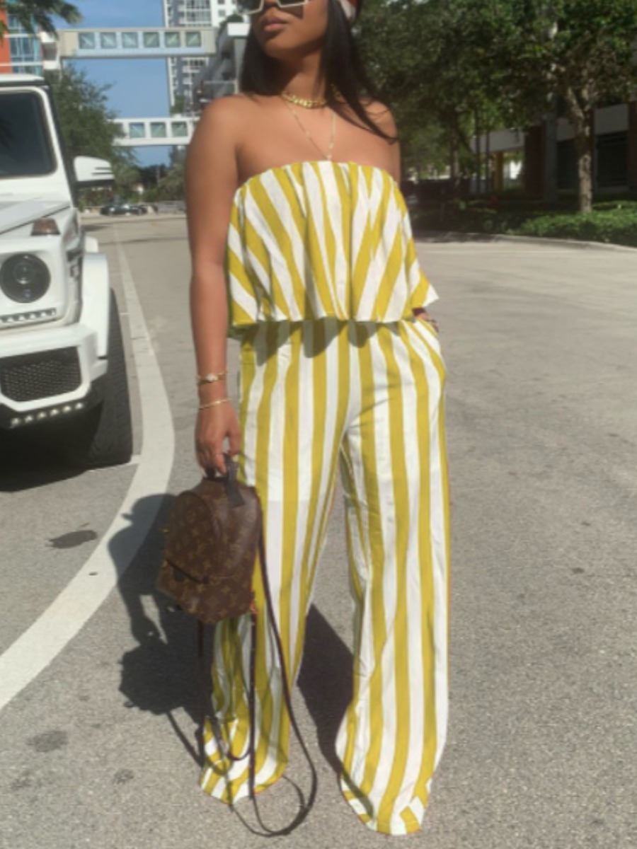 

LW Off The Shoulder Striped Loose Pants Set, Yellow