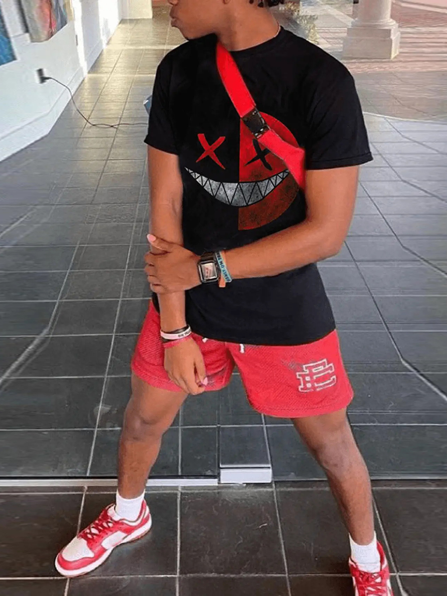 

LW Men Cartoon Letter Print Shorts Set, Red