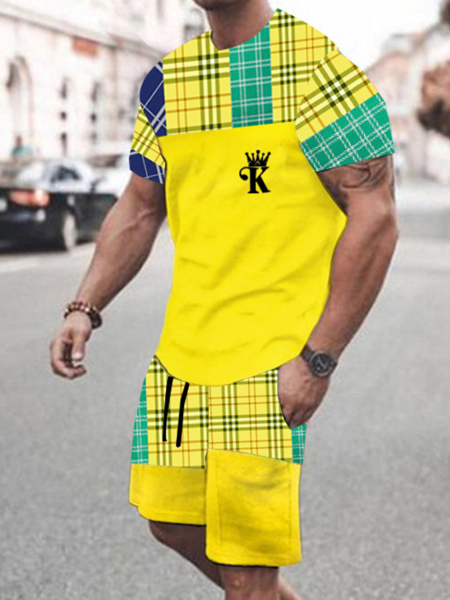 

LW Men Crown Plaid Print Shorts Set, Yellow