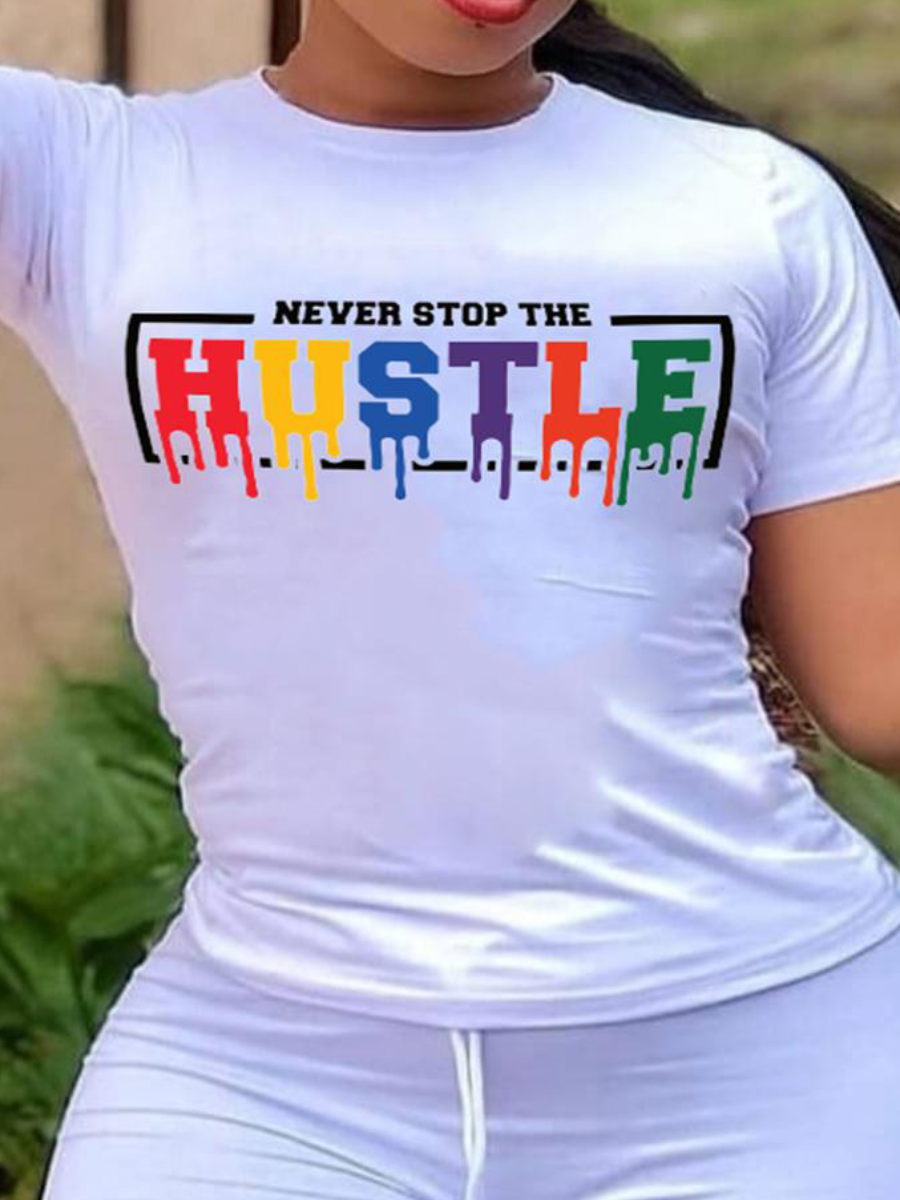 LovelyWholesale Plus Size Hustle Letter Print T-shirt Summer Short Sleeve Casual Round Neck  5X Spring Summer 2024