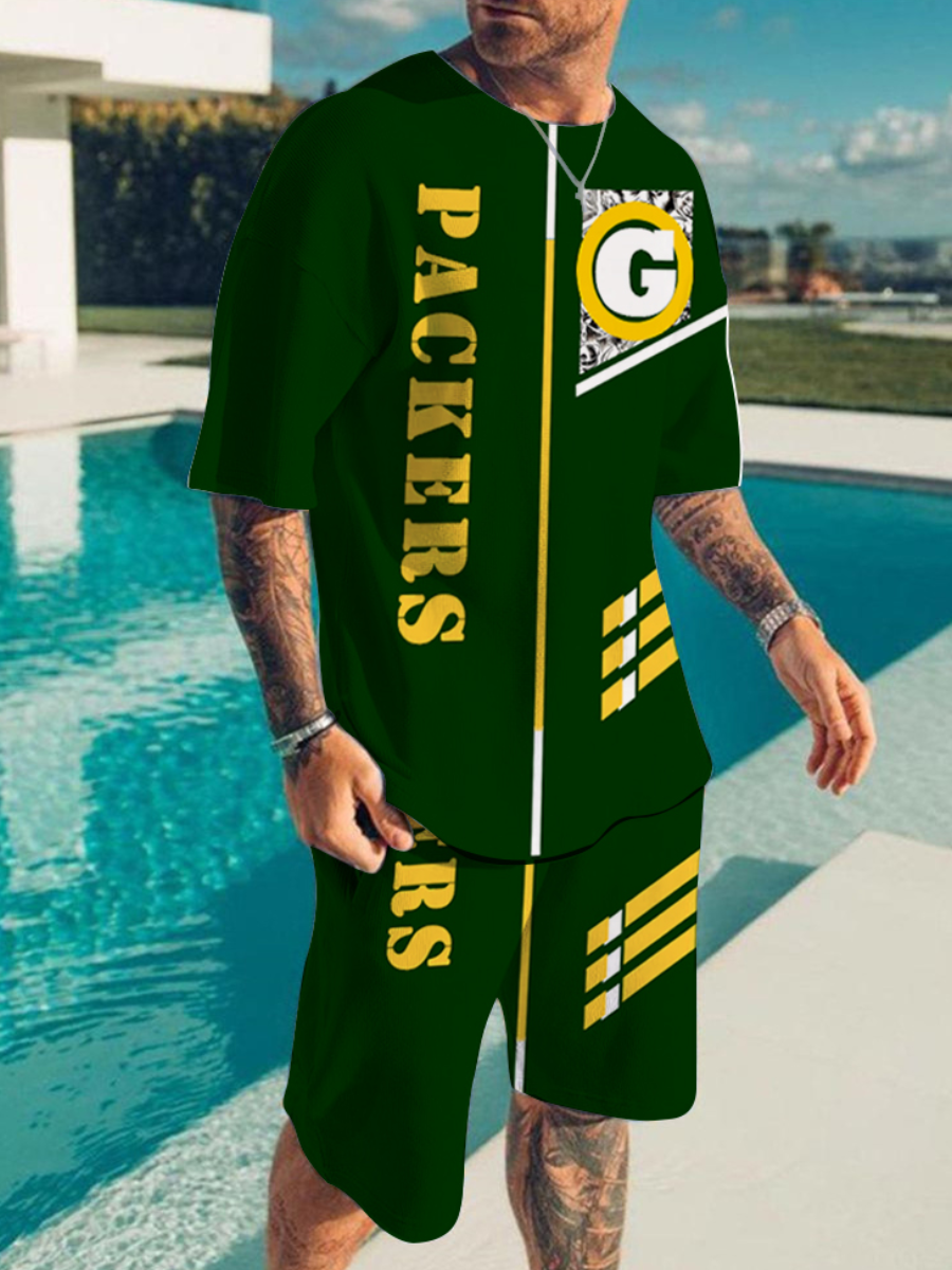 

LW Men Packers Letter Print Drawstring Shorts Set, Green