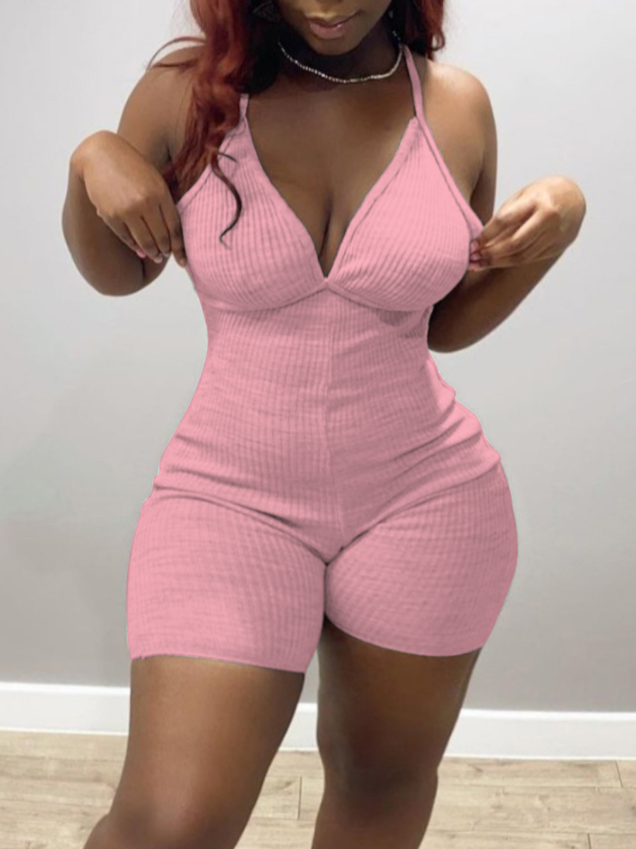 

LW Plus Size Casual V Neck Elastic White One-piece Romper, Pink