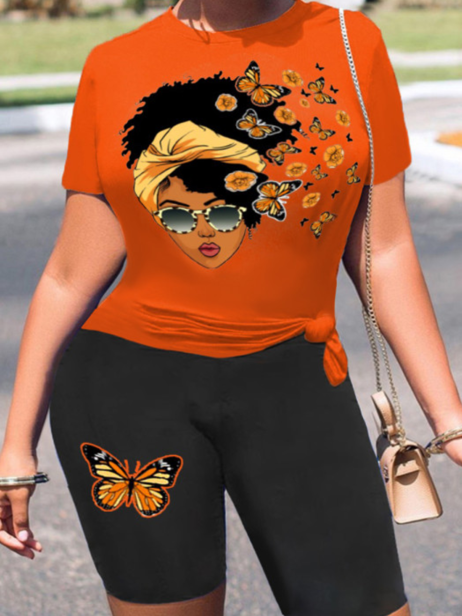 LovelyWholesale Plus Size Butterfly Figure Print Shorts Set Summer Short Sleeve Casual Basic Round Neck  5X Spring Summer 2024