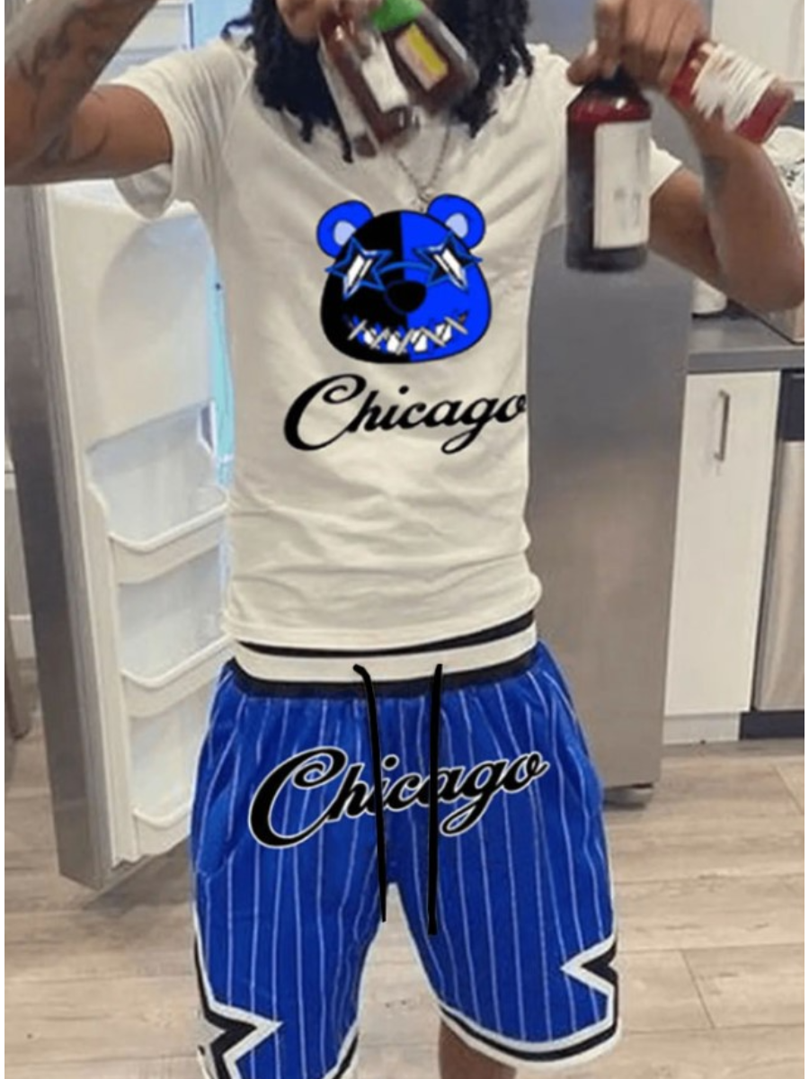 LovelyWholesale Men Cartoon Letter Print Striped Shorts Set Summer Short Sleeve Street Pullovers Round Neck Spring Summer 2024