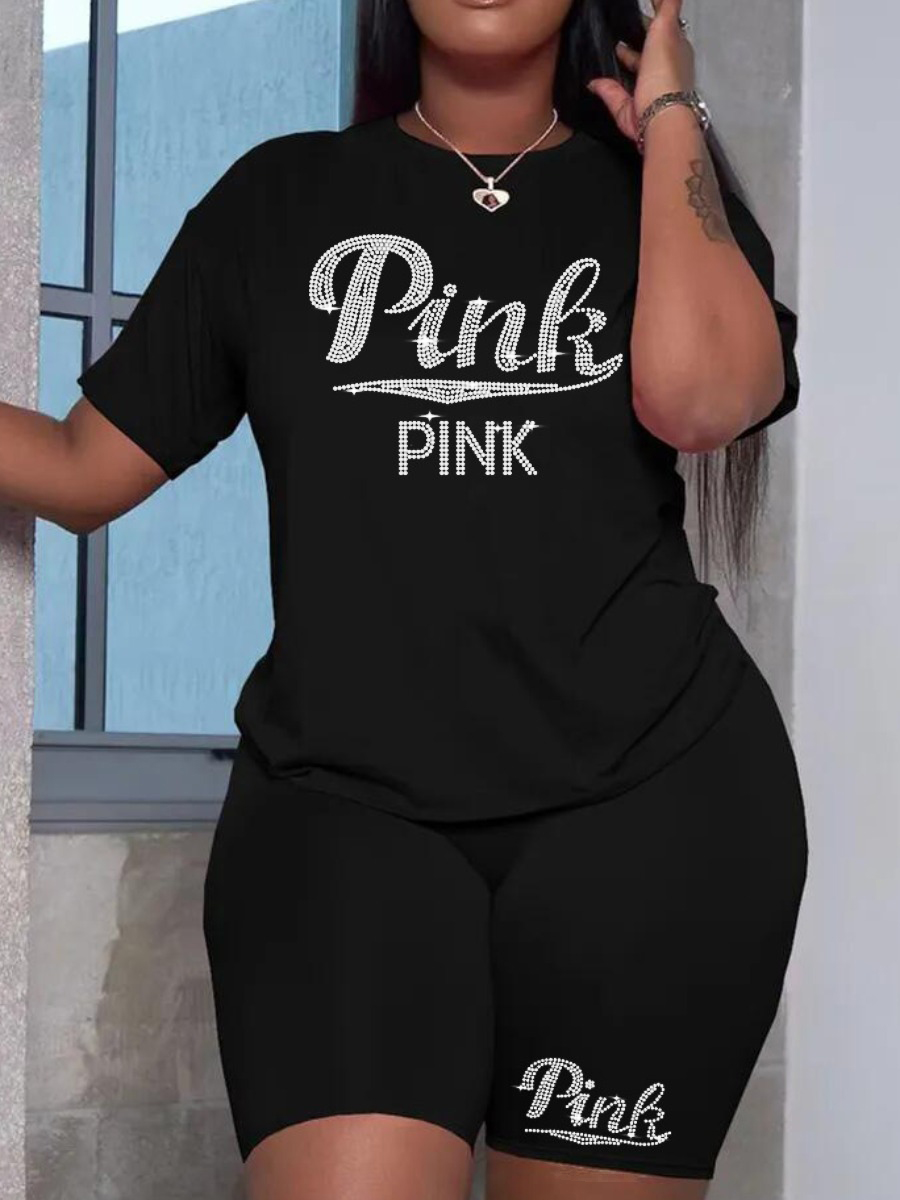 LovelyWholesale Plus Size Rhinestone Pink Letter Shorts Set Summer Short Sleeve Casual Round Neck  5X Spring Summer 2024