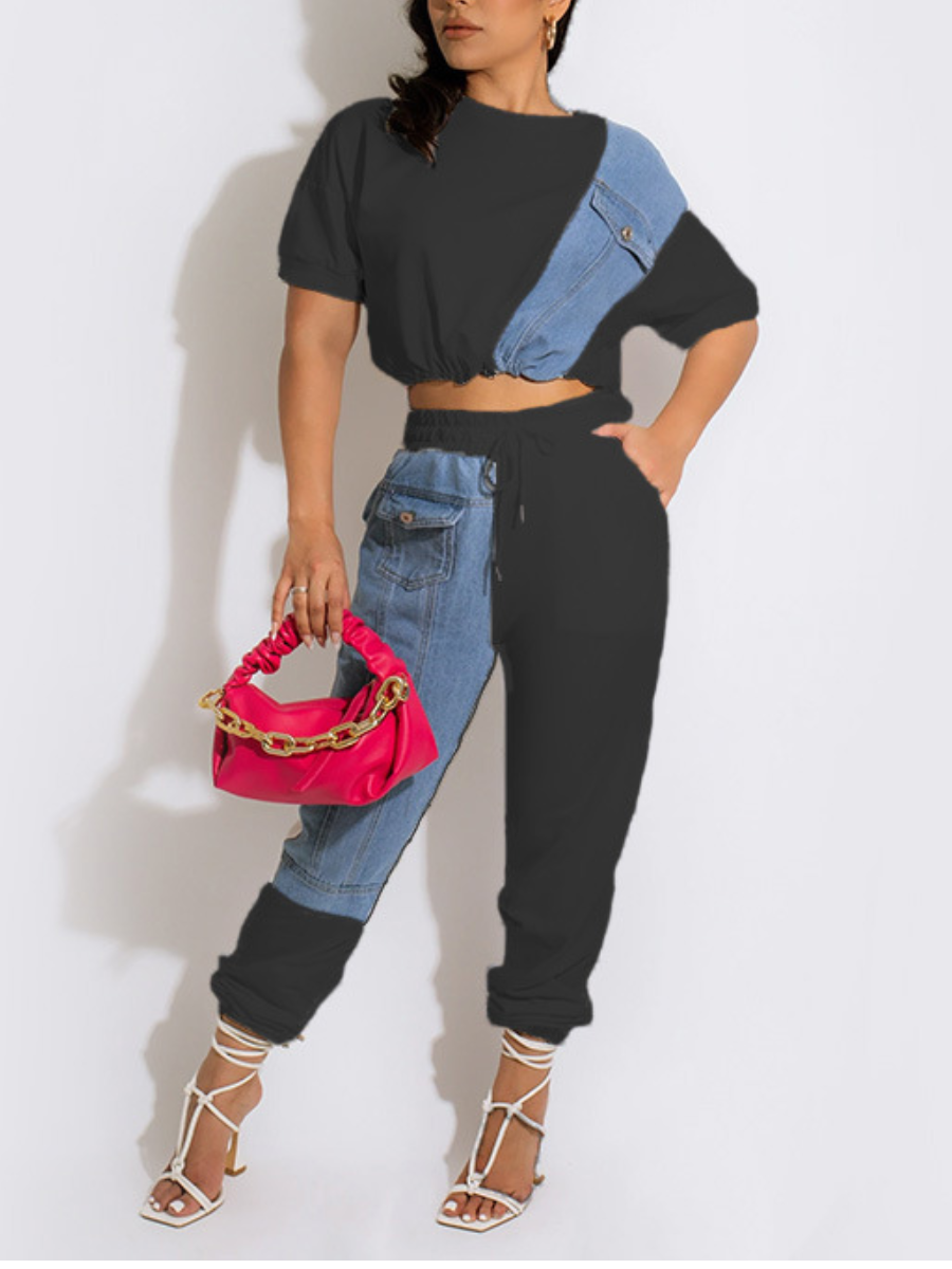 

LW Pocket Design Patchwork Denim Pants Set, Black