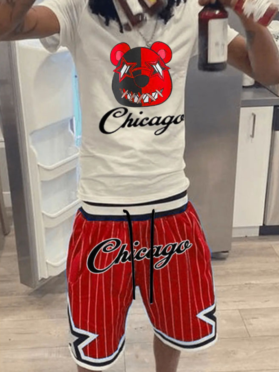LovelyWholesale Men Cartoon Letter Print Striped Shorts Set Summer Short Sleeve Street Pullovers Round Neck Spring Summer 2024