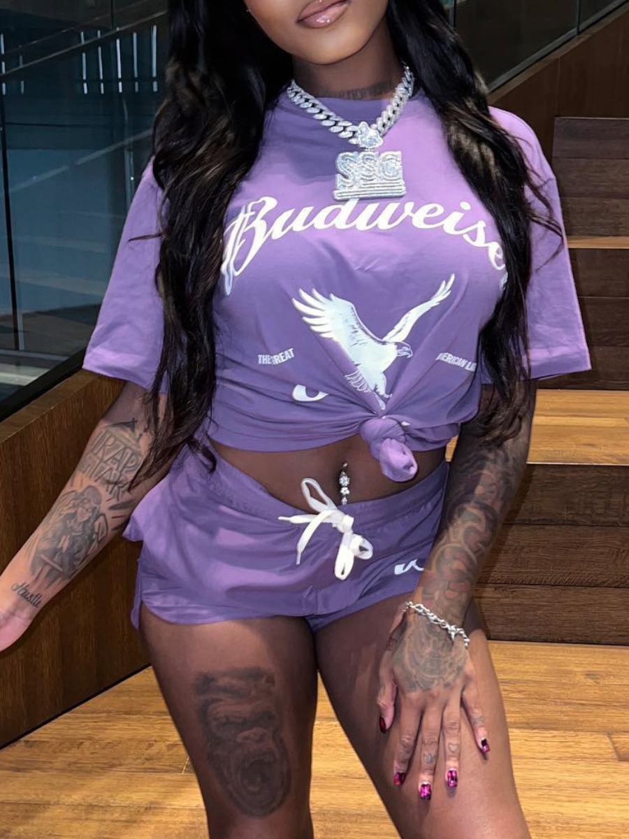 

LW Letter Print Drawstring Shorts Set, Purple