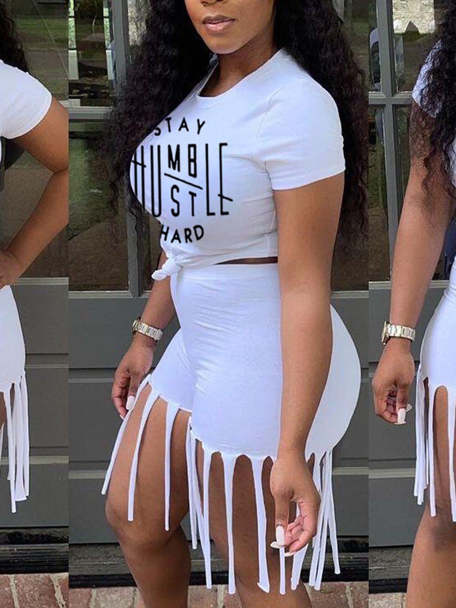 

LW Stay Humble Letter Print Tassel Design Shorts Set, White