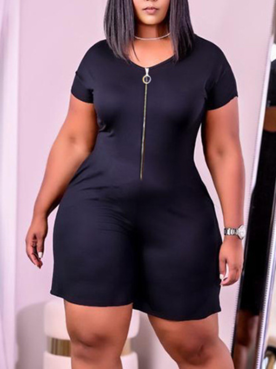 

LW Plus Size Zipper Design Stretchy Romper, Black