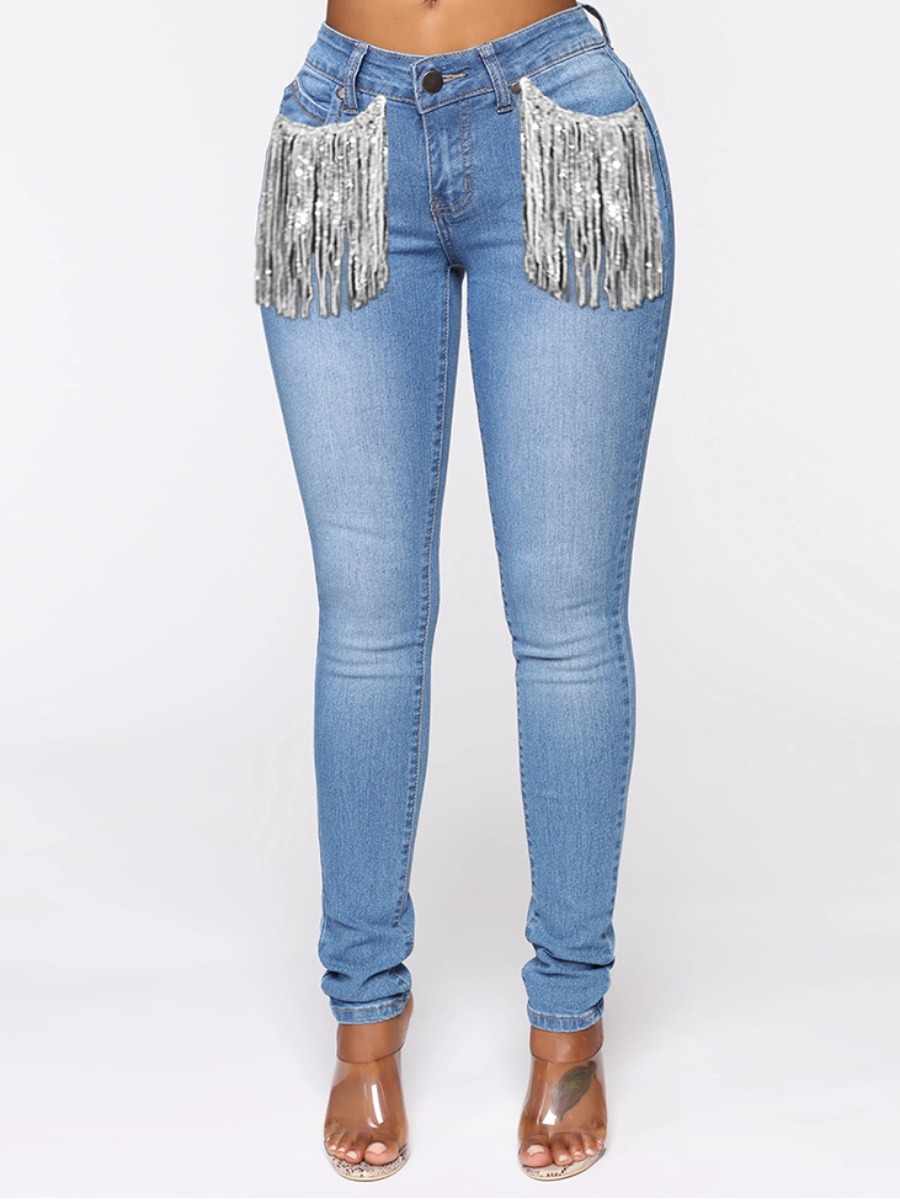

LW Tassel Design High Stretchy Jeans, Baby blue