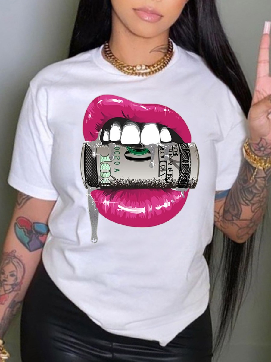 LovelyWholesale BASICS Lip Money Print T-shirt Summer Short Sleeve Casual Pattern Round Neck Spring Summer 2024