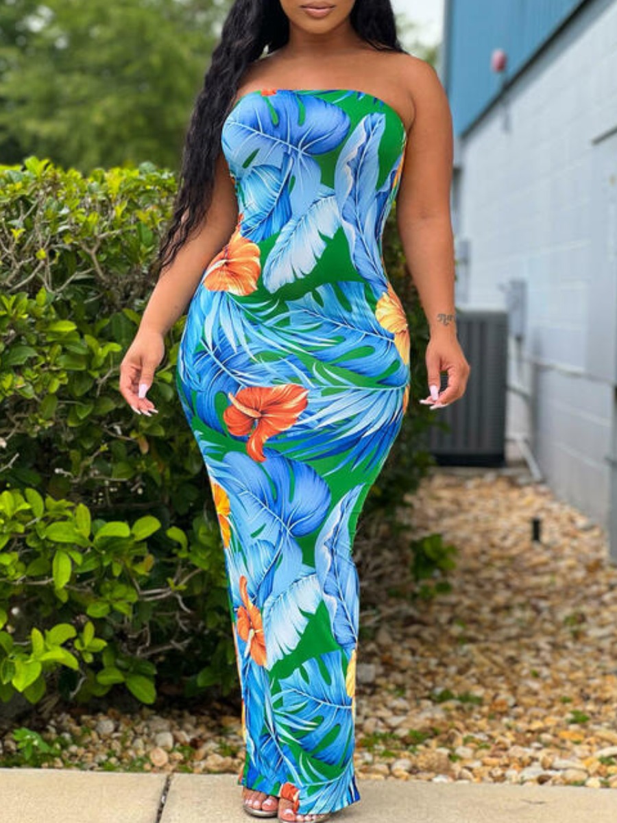 

LW Off The Shoulder Floral Print Bodycon Dress, Blue