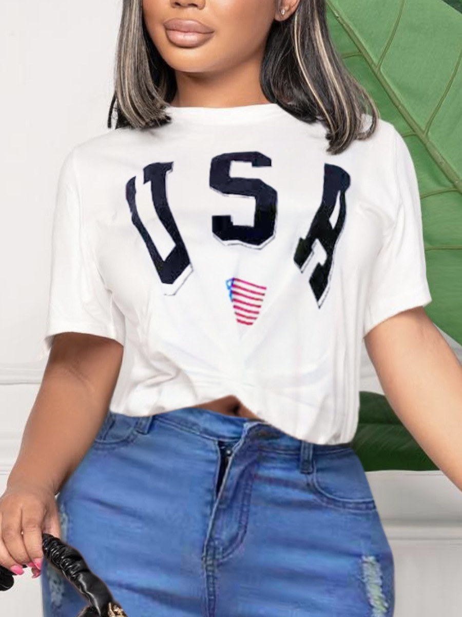 

LW BASICS Cotton-Feel American Flag Letter Print Twist Front T-shirt, White