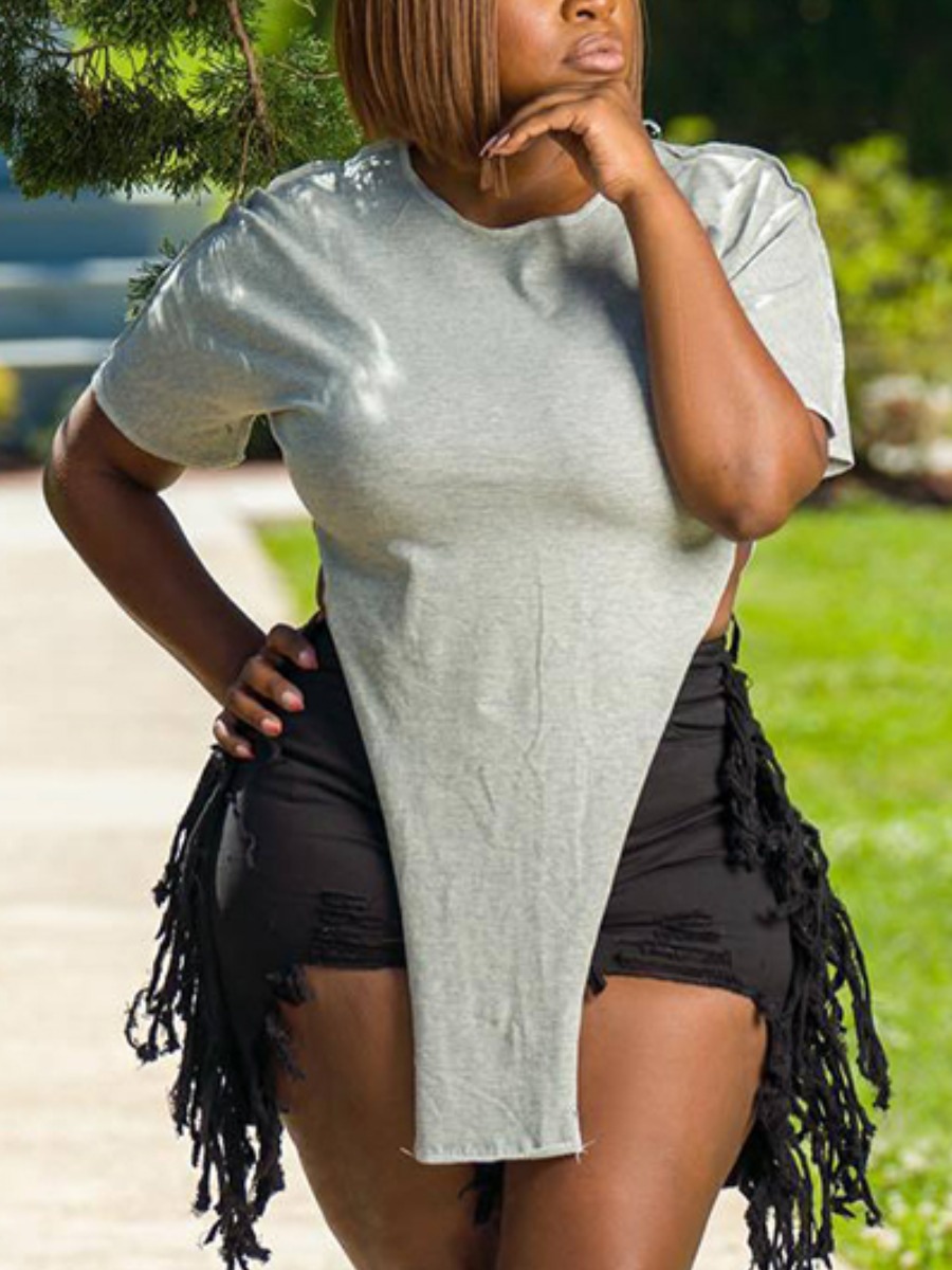 

LW Plus Size Round Neck Side Split T-shirt, Grey