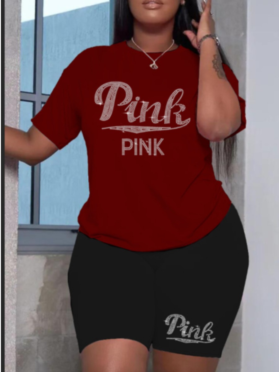 

LW Rhinestone Pink Letter Shorts Set, Red