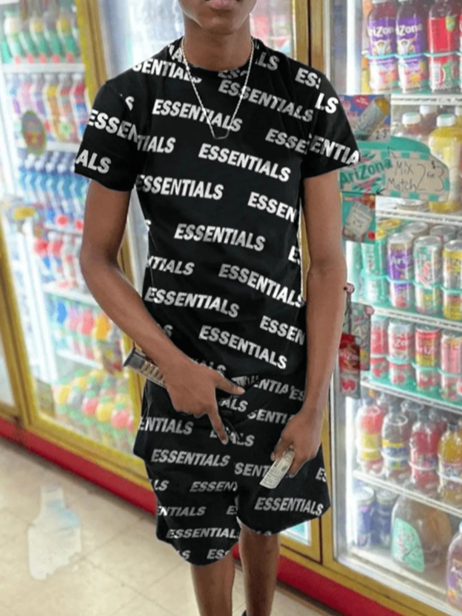 LW Men Letter Print Drawstring Shorts Set