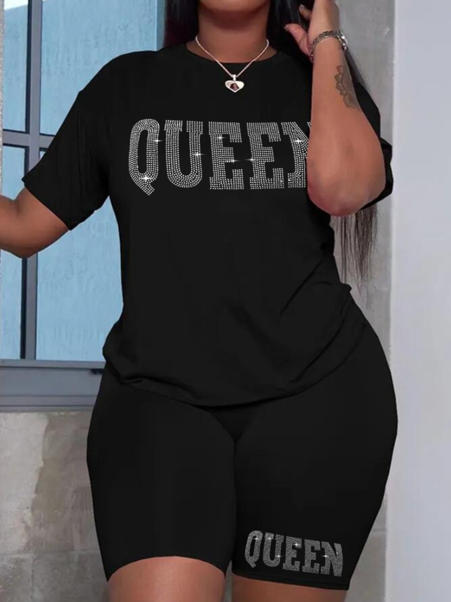 

LW Plus Size Rhinestone Queen Letter Shorts Set, Black