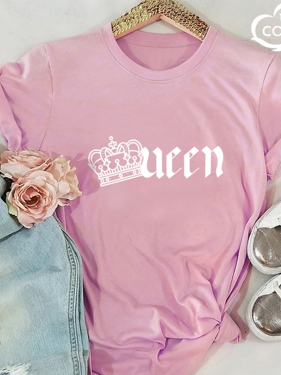 

LW COTTON Plus Size Crown Queen Letter Print T-shirt, Pink