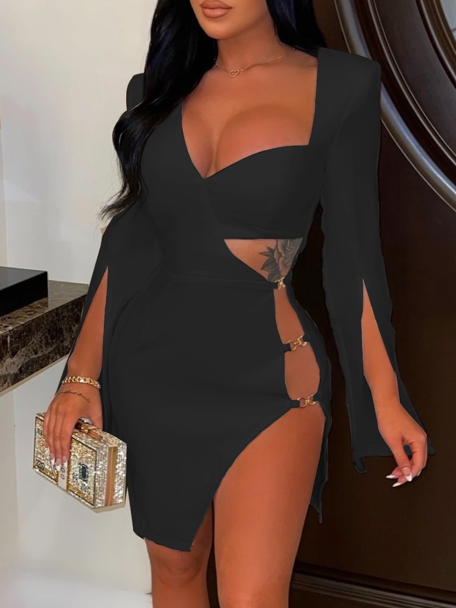 

LW SXY Plus Size Metal Accessories Decor Cut Out Dress, Black