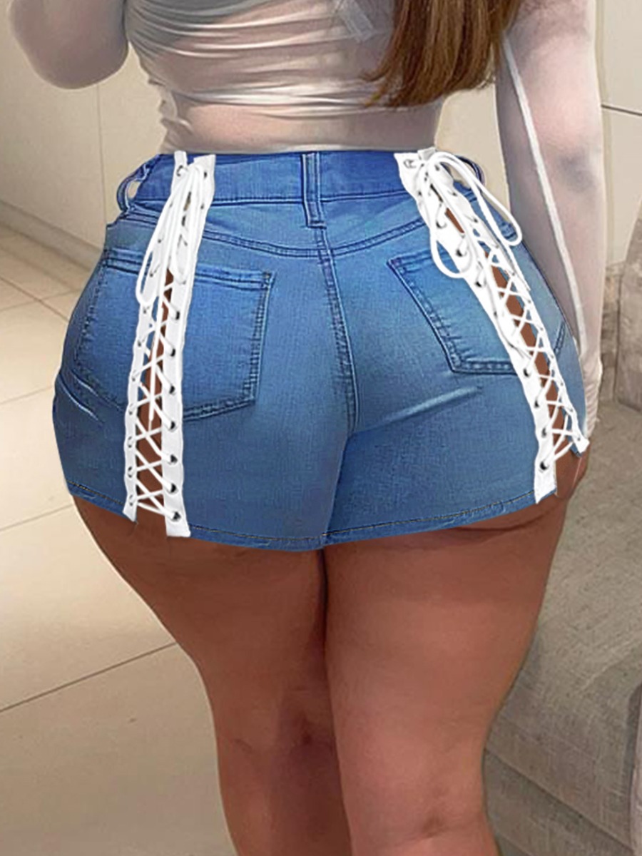 

LW Bandage Hollow-out Design Denim Shorts, Blue