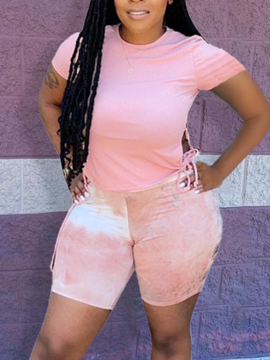 

LW BASICS Tie-dye Bandage Hollow-out Design Shorts Set, Light pink