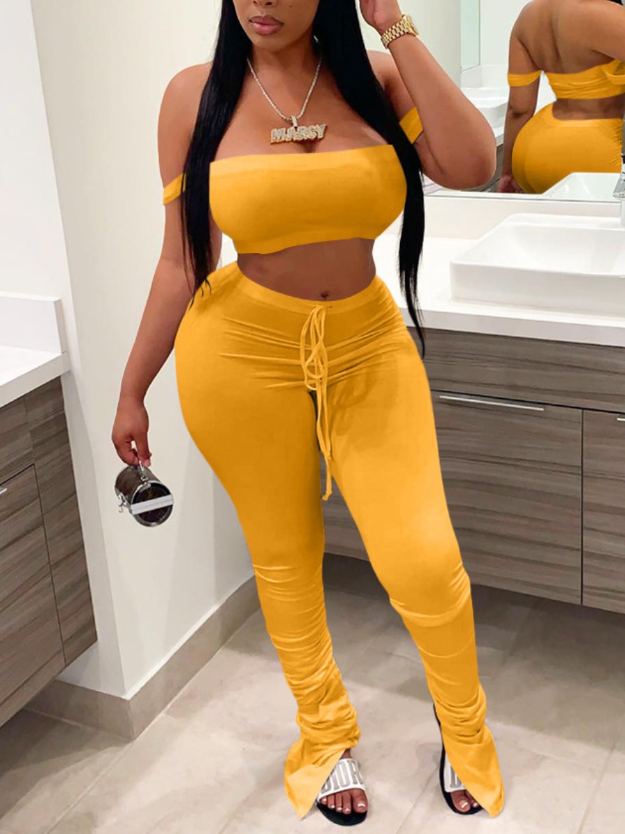 

LW Off The Shoulder Drawstring Stacked Pants Set, Yellow