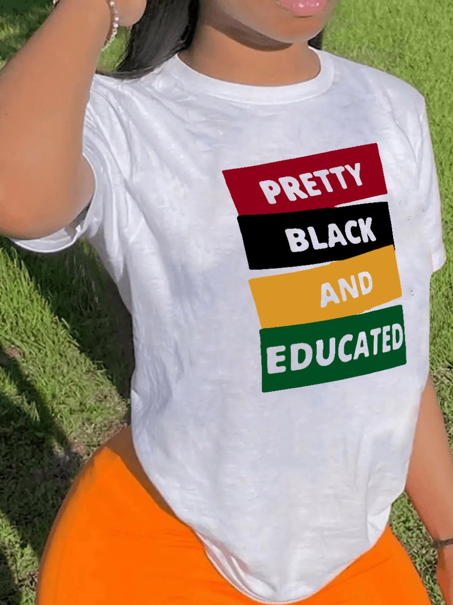 LovelyWholesale BASICS Pretty And Educated Letter Print T-shirt Summer Short Sleeve Casual Basic Round Neck Spring Summer 2024
