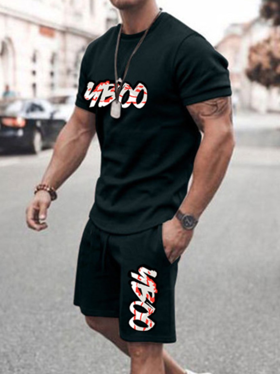 LW Men Letter Print Drawstring Shorts Set