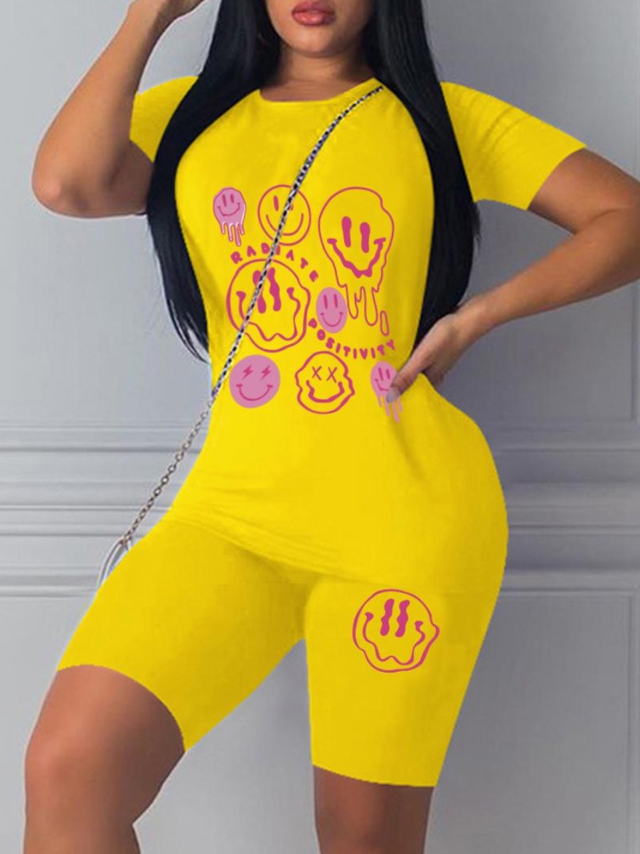 

LW Round Neck Cartoon Print Shorts Set, Yellow
