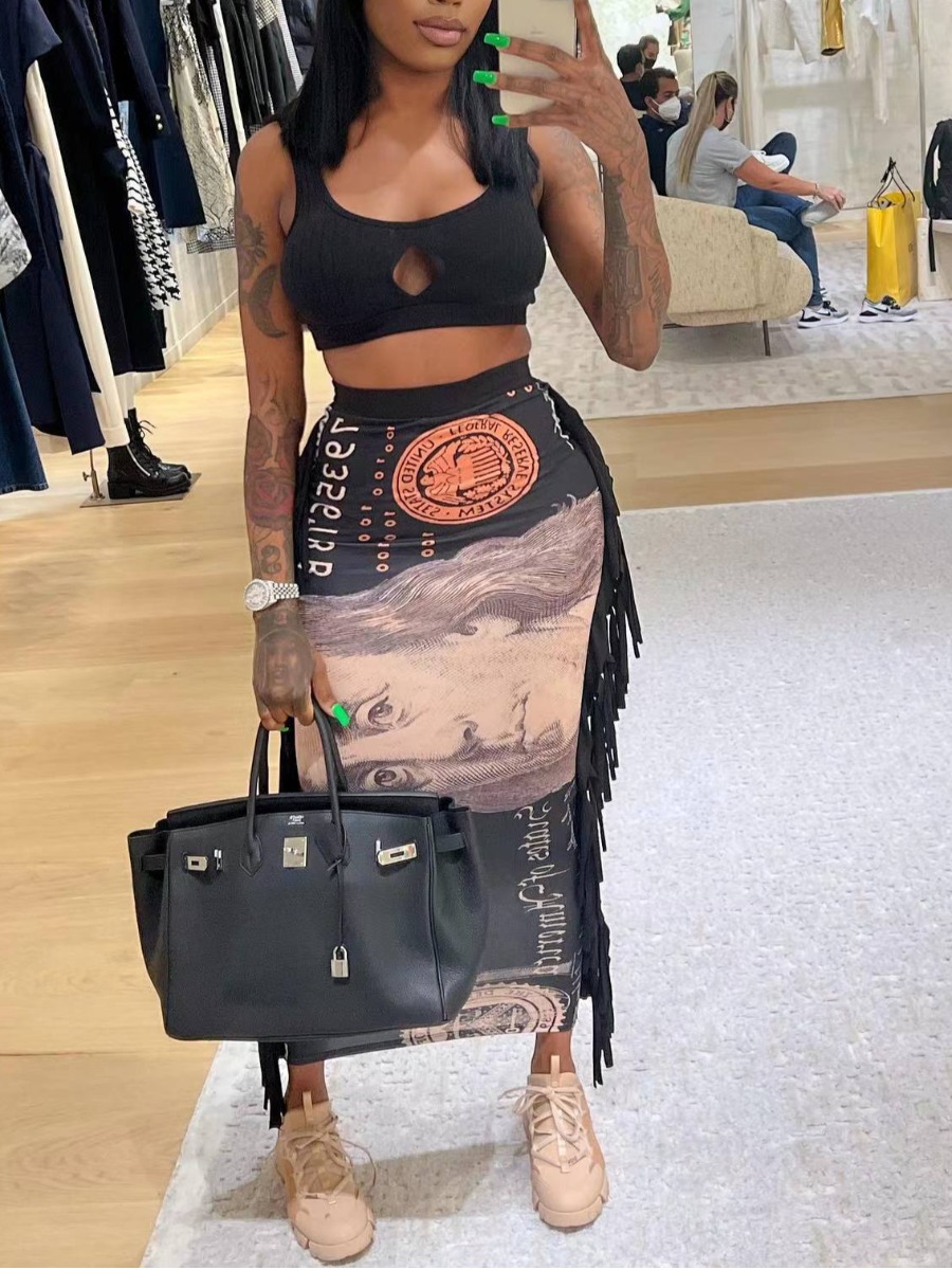

LW Money Print Tassel Design Skirt Set, Black
