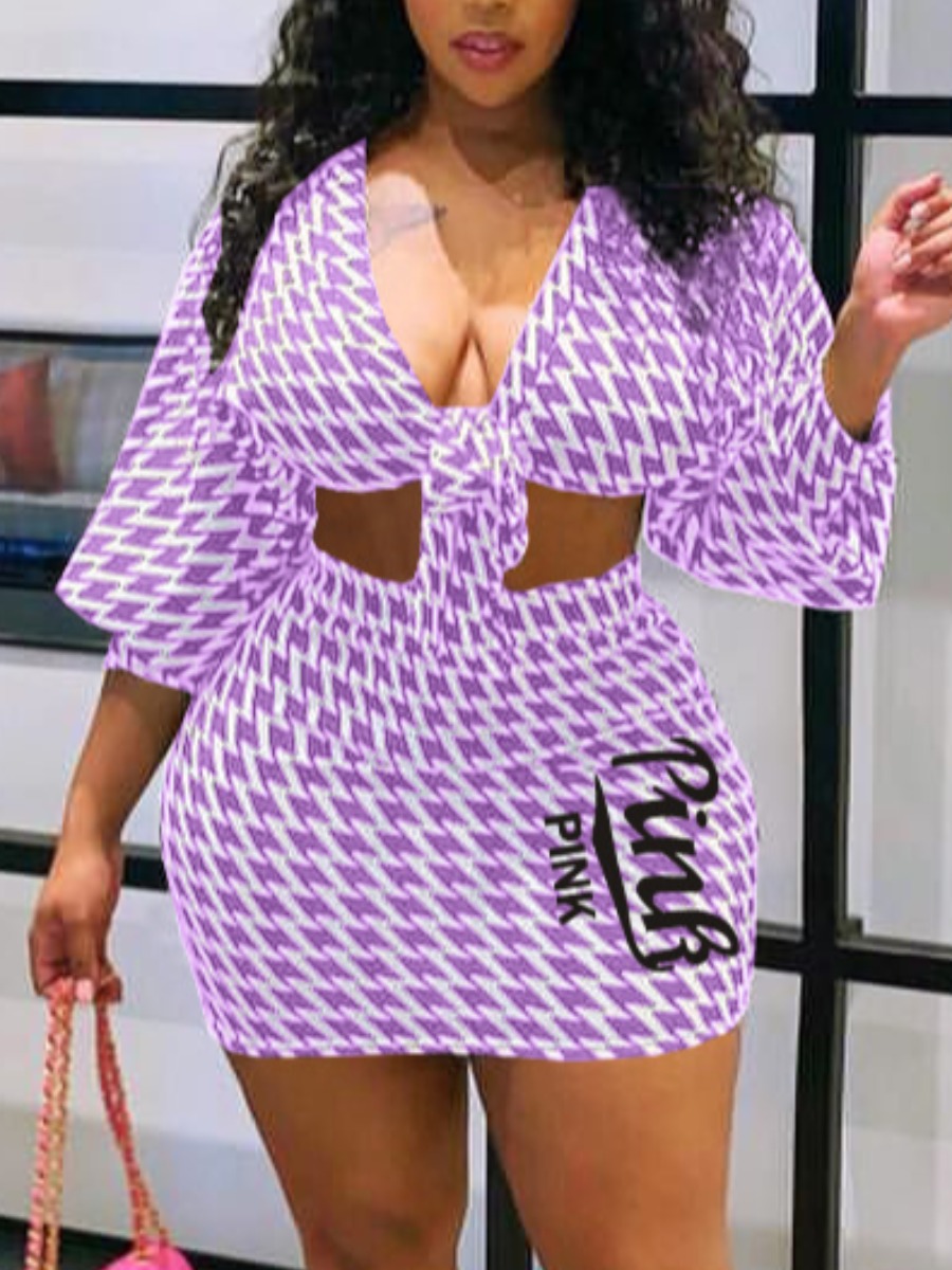 

LW SXY Plus Size Houndstooth Bandage Design Skirt Set, Purple