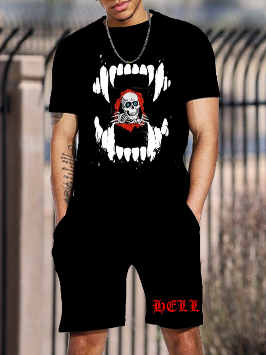 

LW Men Skull Head Cartoon Print Shorts Set, Black