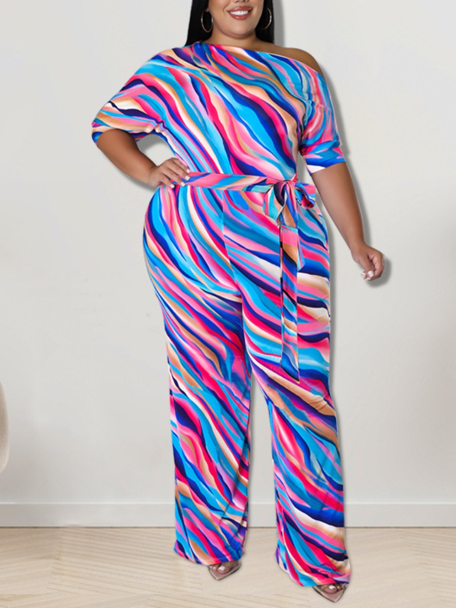 

LW Plus Size Boat Neck Mixed Print Jumpsuit, Multi