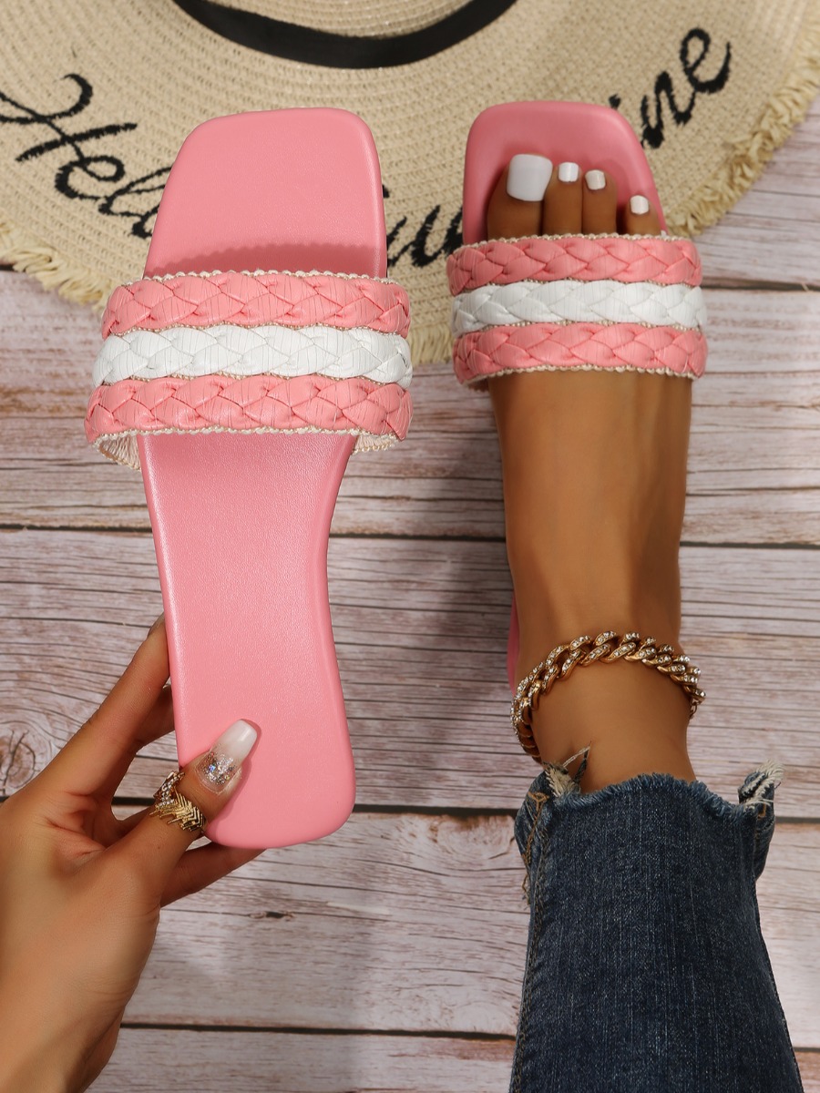 

LW Square Toe Woven Strap Slides, Pink