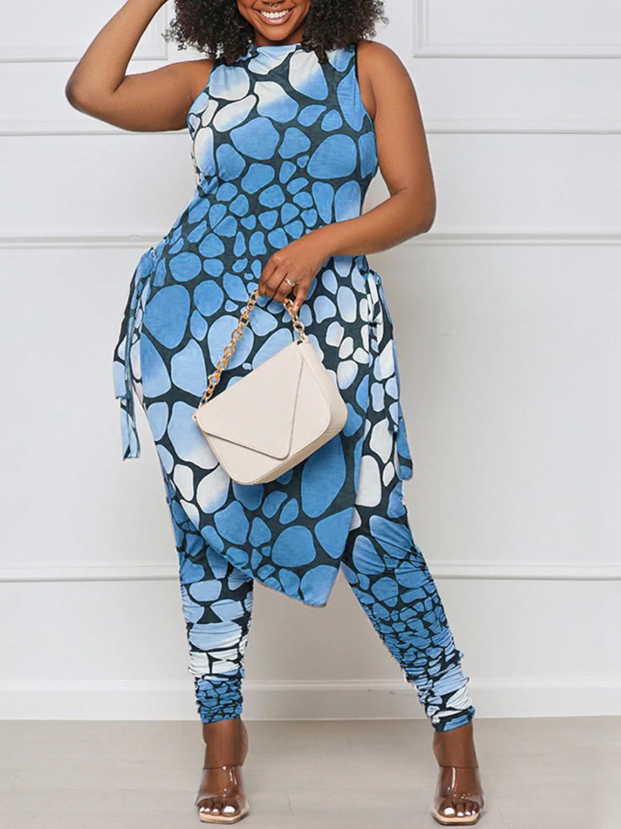 

LW Plus Size Gradient Geometric Print Pants Set, Blue