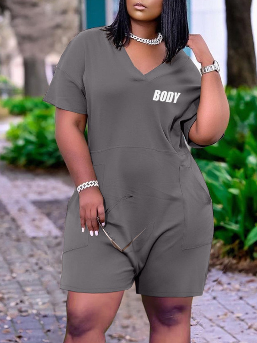 

LW Plus Size Body Letter Print Regular Fit Romper, Grey