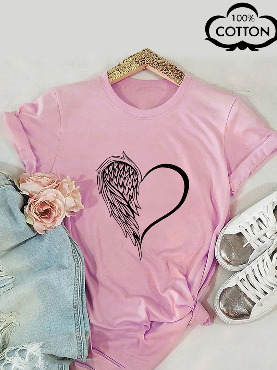 

LW COTTON Plus Size Round Neck Heart Print T-shirt, Pink