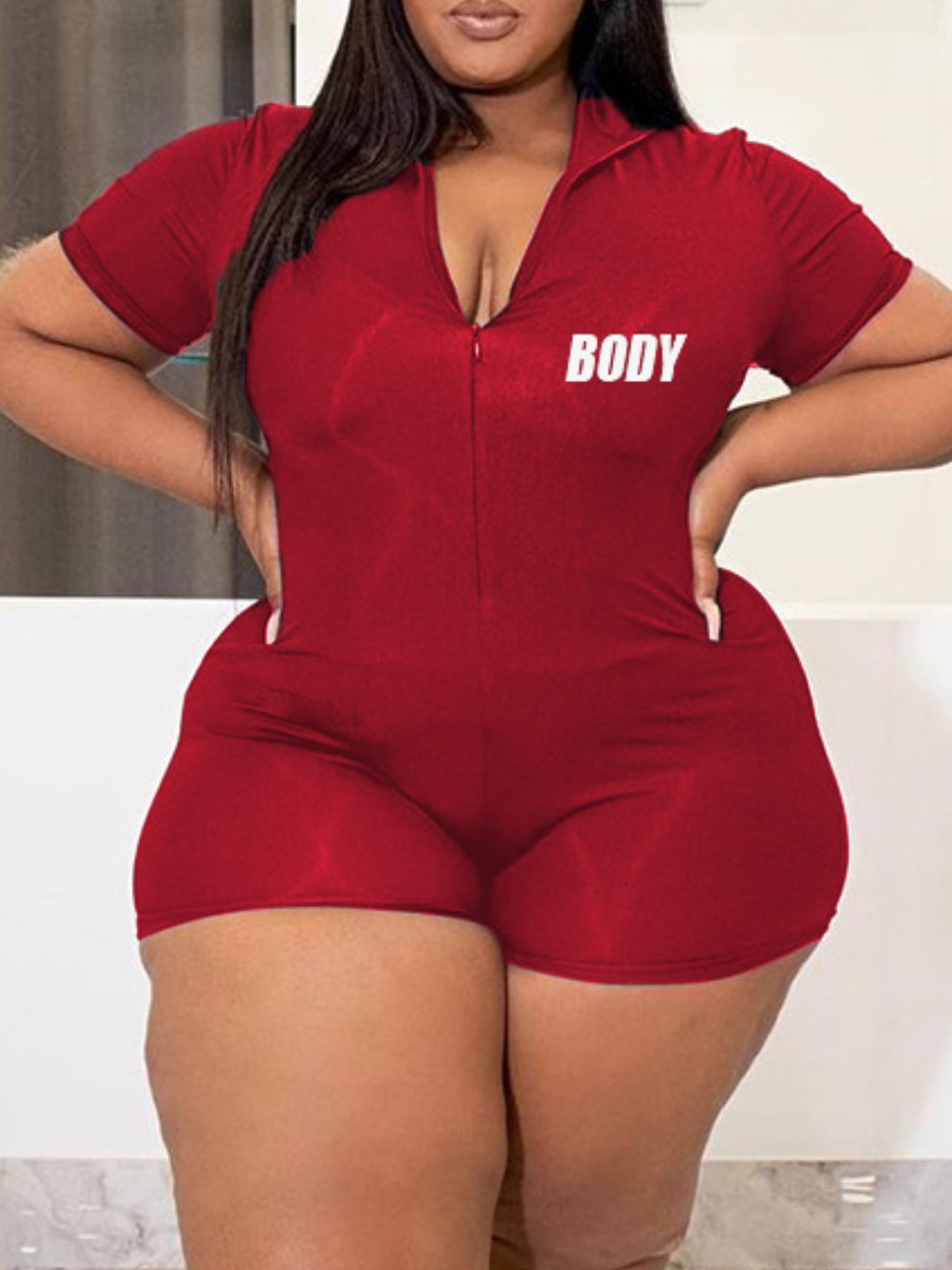 

LW Plus Size Body Letter Print Stretchy Romper, Wine red