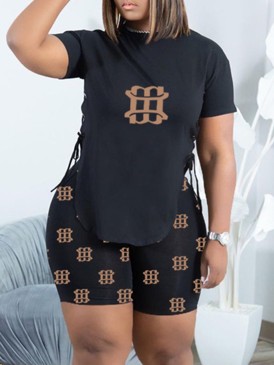 

LW Plus Size Geometric Print Bandage Design Shorts Set, Black