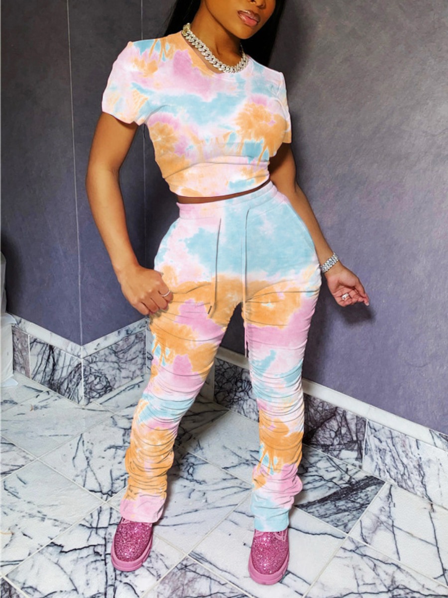 

LW Tie-dye Drawstring Stacked Pants Set, Multi