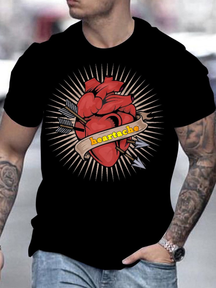 

LW Men Letter Heart Print T-shirt, Black