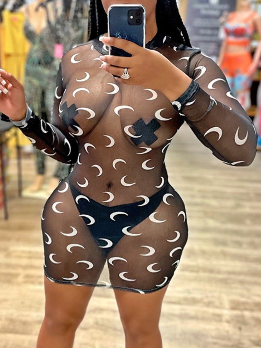 

LW Moon Print See-through Bodycon Dress, Black