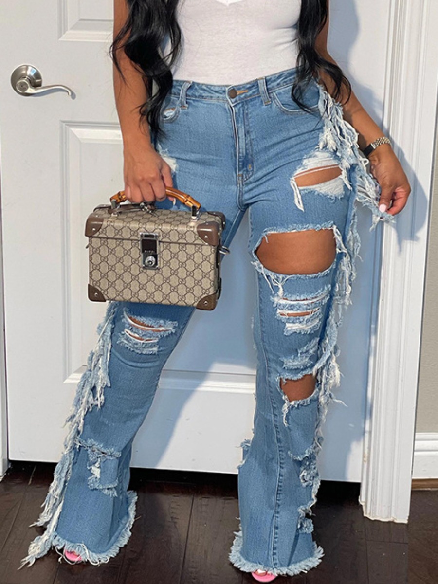 

LW Tassel Design Ripped Jeans, Blue