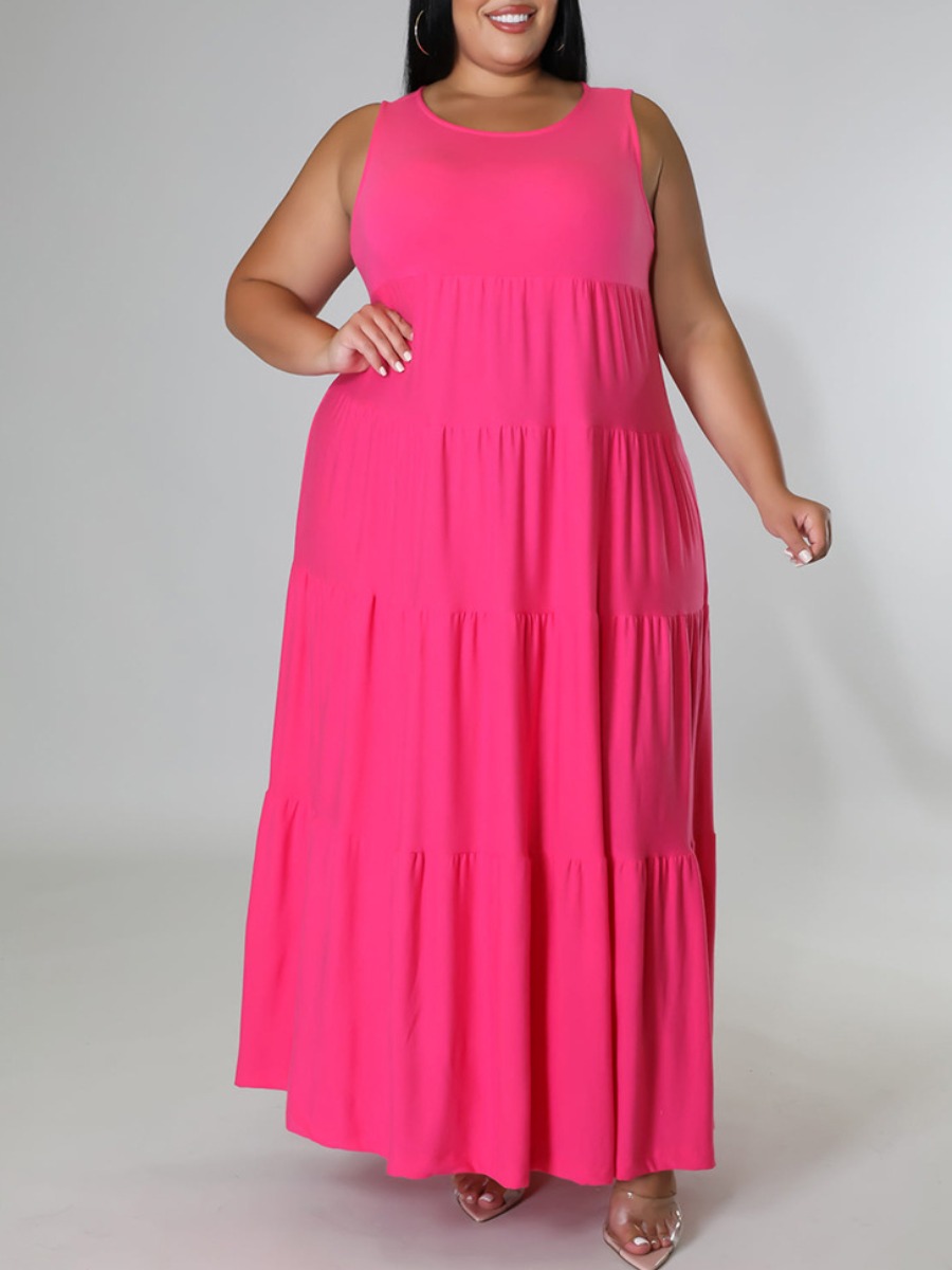 

LW SXY Plus Size Ruffle Design A Line Dress, Rose red