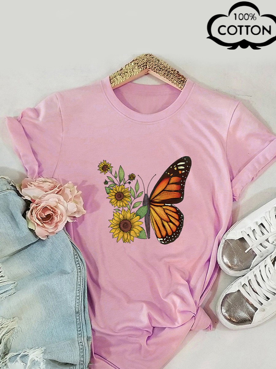 

LW COTTON Plus Size Sunflower Butterfly Print T-shirt, Pink