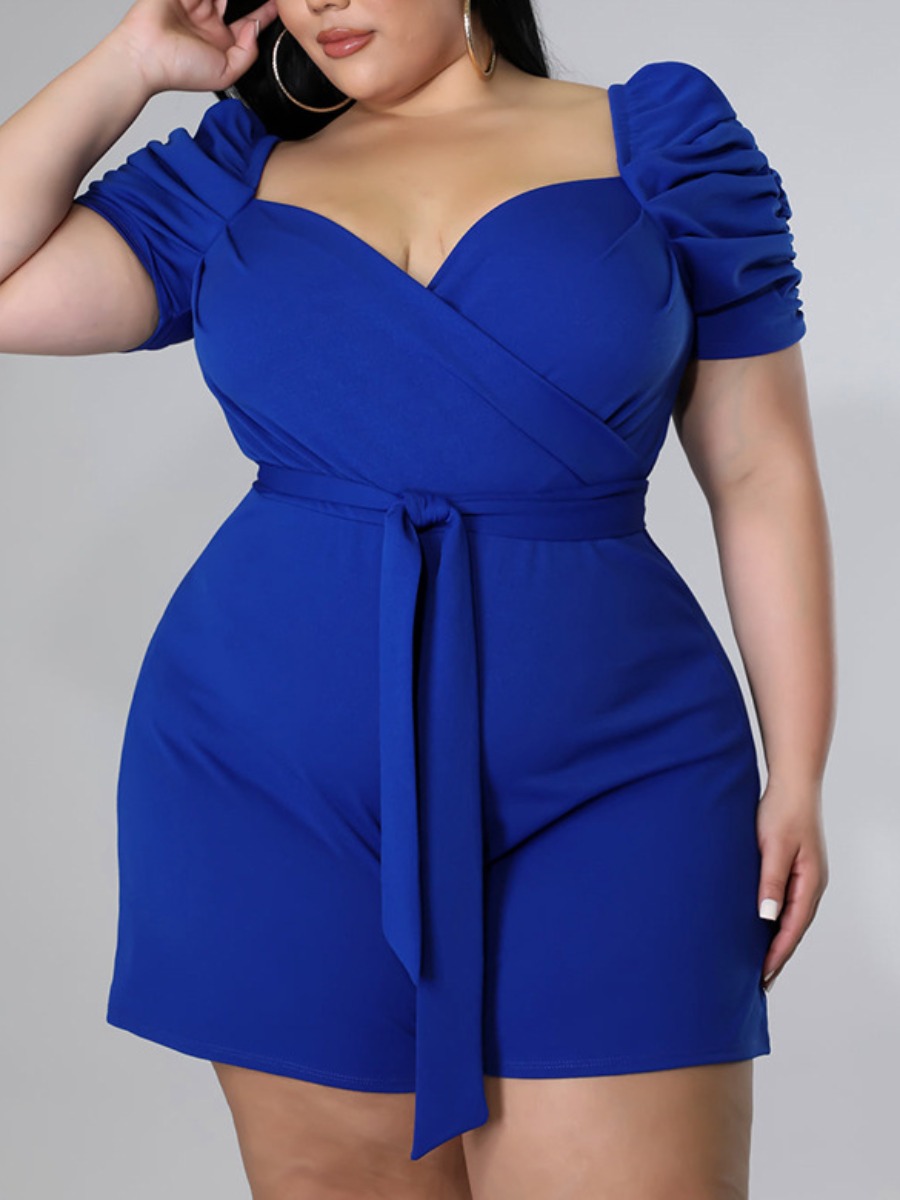 

LW SXY Plus Size Puff Sleeve Bandage Design Romper, Blue