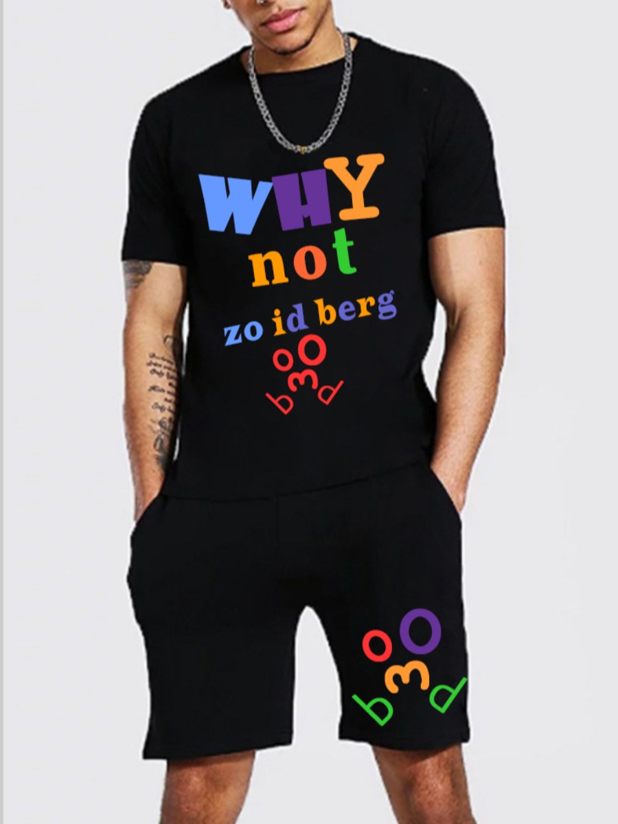 

LW Men Letter Print Patchwork Shorts Set, Black